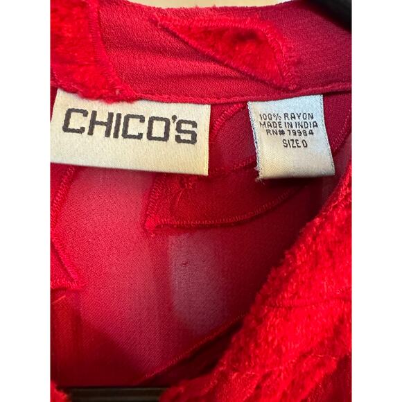 Chico's Velvet Sheer Geometric mandarin collar red blouse top button down size s - Picture 11 of 11